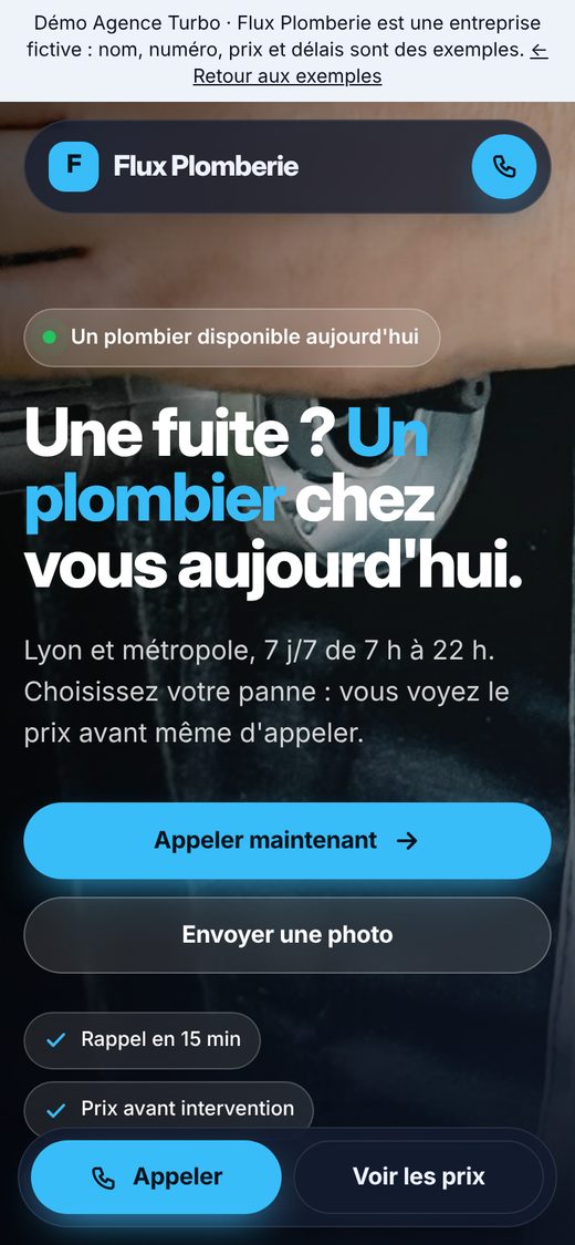 Site d'un plombier sur téléphone, prix de départ affichés