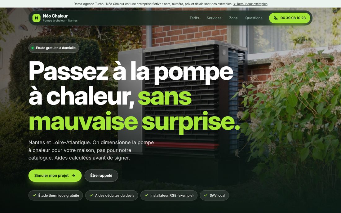 Site d'un installateur de pompes à chaleur sur ordinateur : simulateur et devis en haut de page